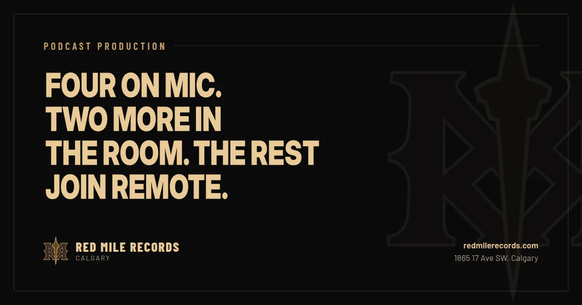 Red Mile Records podcast capacity: four people on mic, two more in the room, and additional participants joining remotely
